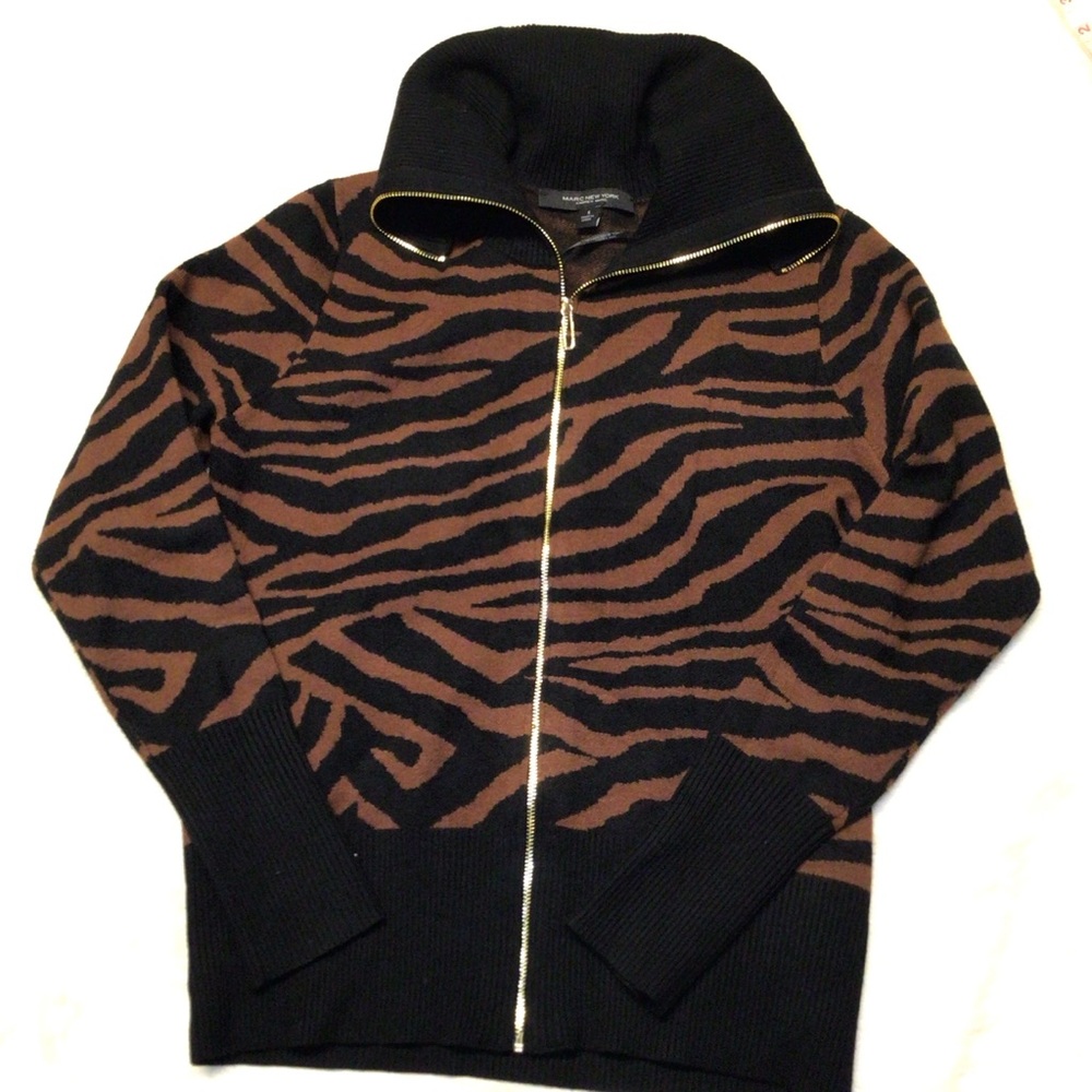 Marc New York Zebra Print Zip Up Sweater Brown‎ Black Mock Neck Small